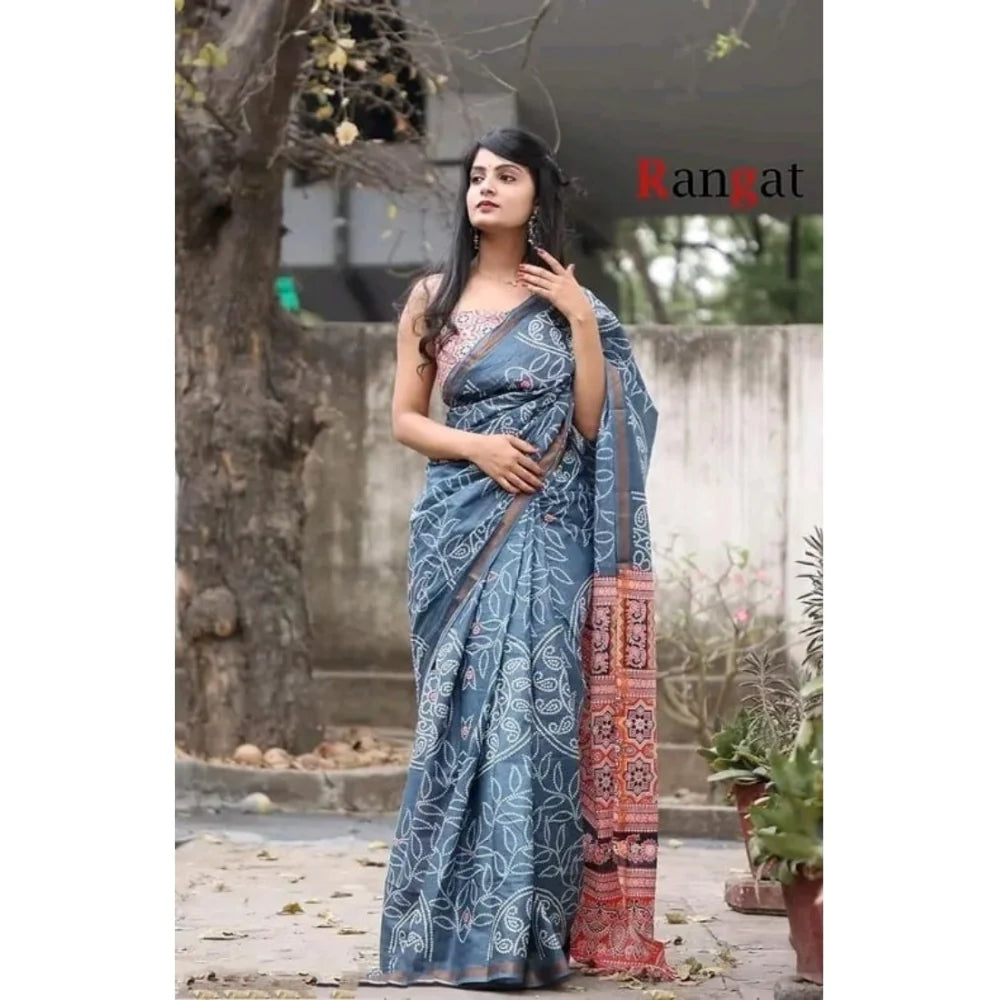 Women's Cotton Linen Printed Saree With Unstitched Blouse 5.5Mtr (Grey)
