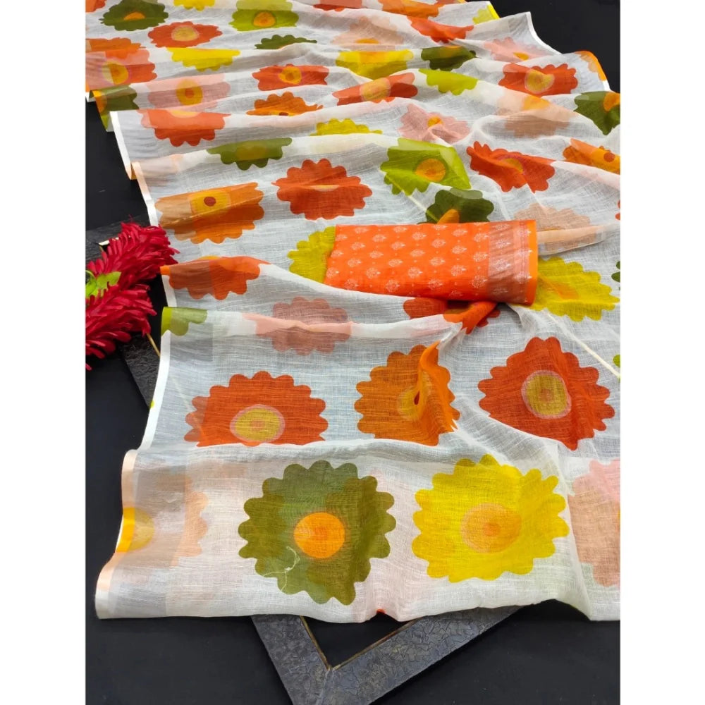 Women's Cotton Linen Woven Design Saree With Unstitched Blouse 5.5Mtr (Orange)