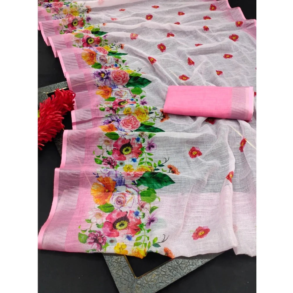 Women's Cotton Linen Woven Design Saree With Unstitched Blouse 5.5Mtr (Pink)