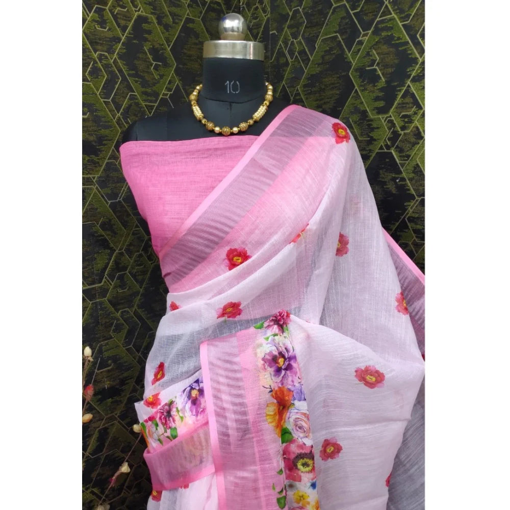 Women's Cotton Linen Woven Design Saree With Unstitched Blouse 5.5Mtr (Pink)