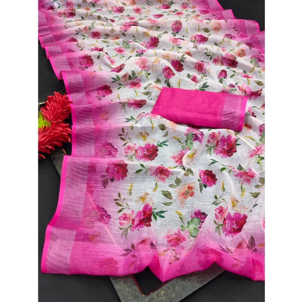Women's Cotton Linen Woven Design Saree With Unstitched Blouse 5.5Mtr (Pink)