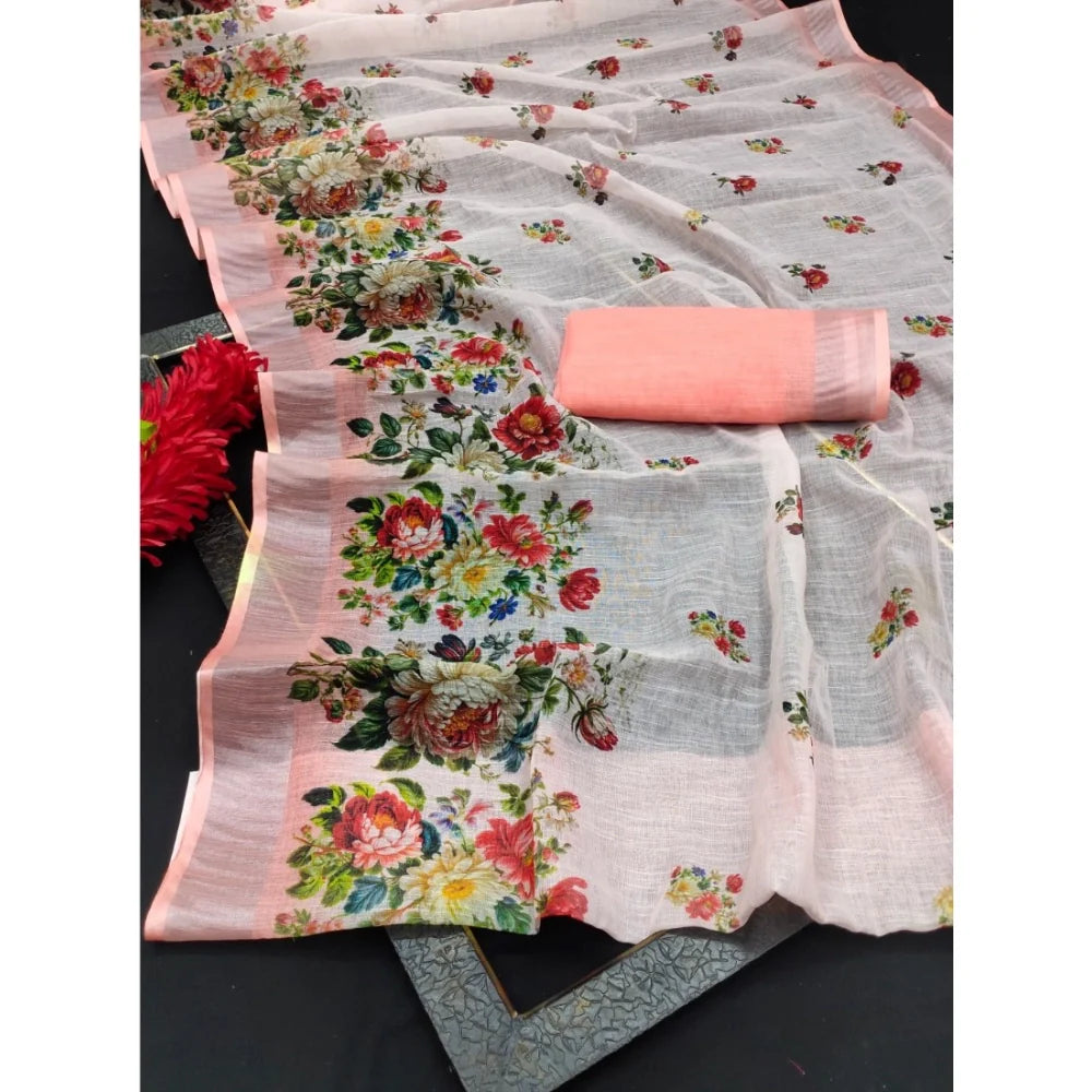 Women's Cotton Linen Woven Design Saree With Unstitched Blouse 5.5Mtr (Peach)