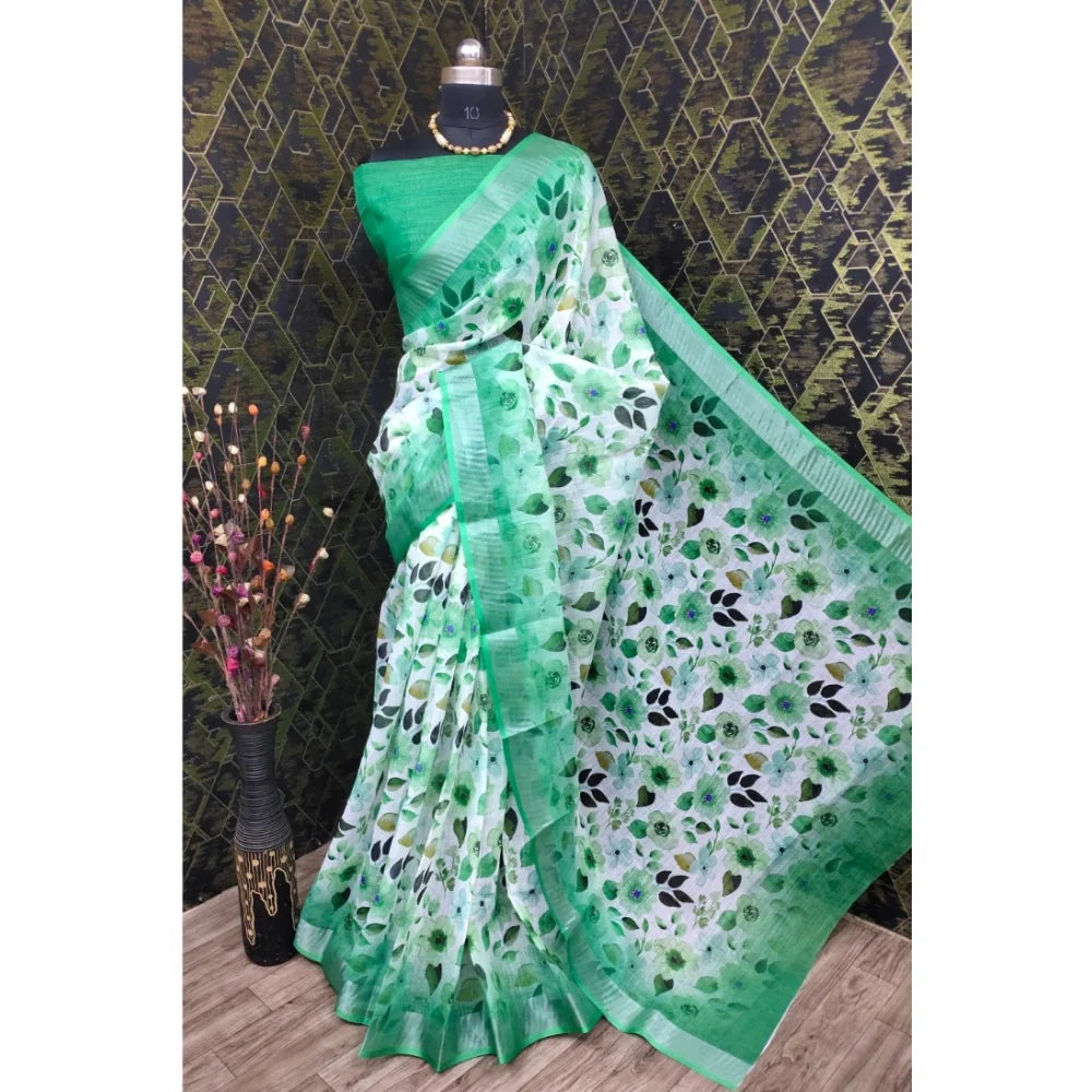 Women's Cotton Linen Woven Design Saree With Unstitched Blouse 5.5Mtr (Green)
