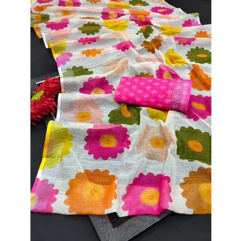 Women's Cotton Linen Woven Design Saree With Unstitched Blouse 5.5Mtr (Pink)