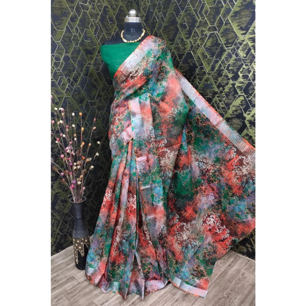 Women's Cotton Linen Woven Design Saree With Unstitched Blouse 5.5Mtr (Green)