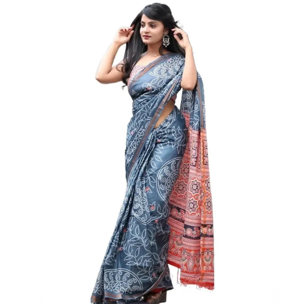 Women's Cotton Linen Printed Saree With Unstitched Blouse 5.5Mtr (Grey)