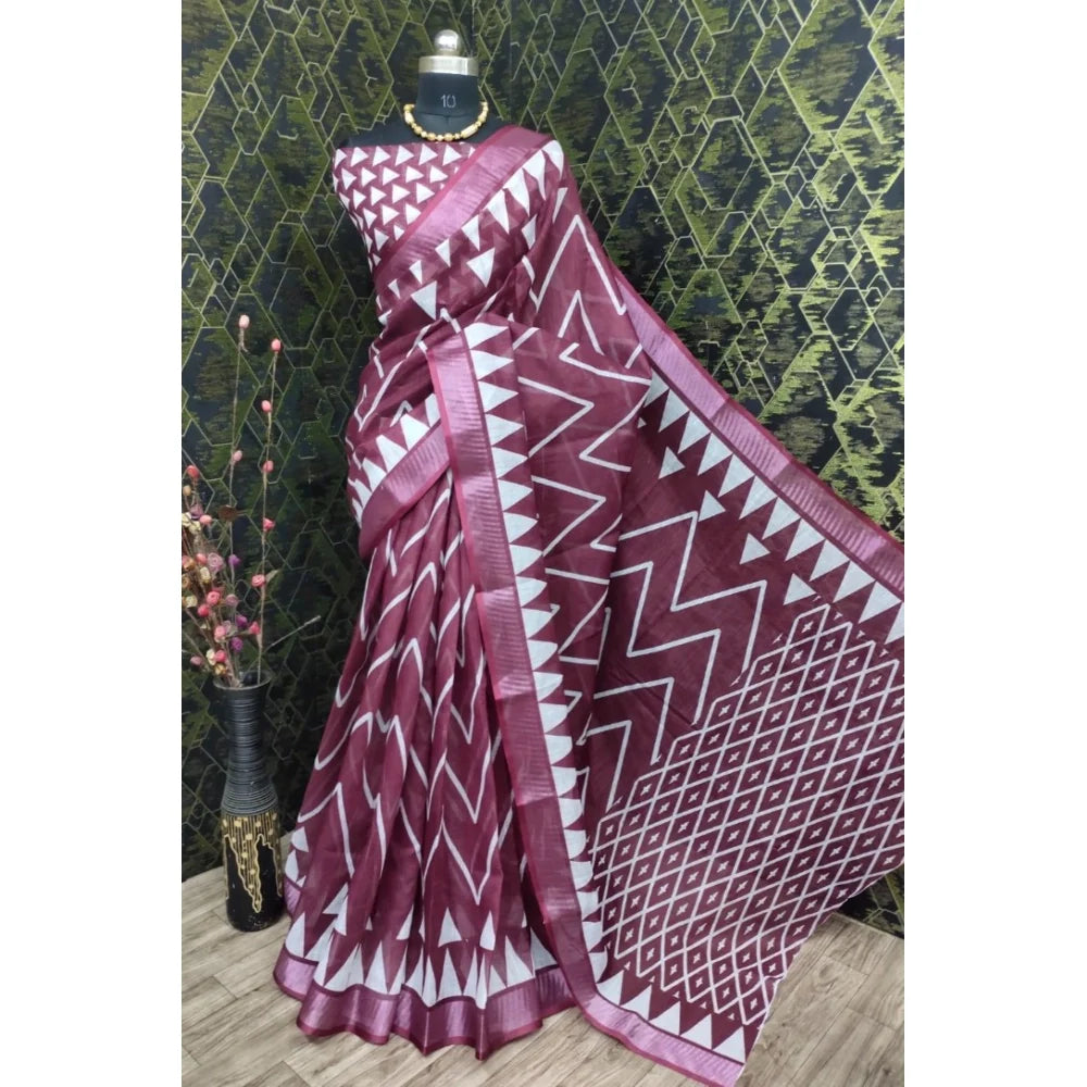 Women's Cotton Linen Woven Design Saree With Unstitched Blouse 5.5Mtr (Maroon)