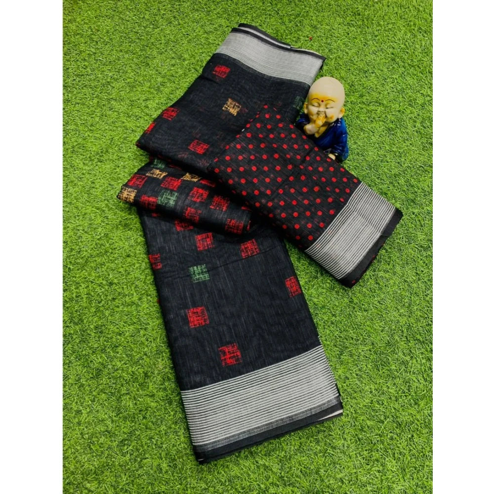 Women's Cotton Linen Digital Print Saree With Unstitched Blouse 5.5Mtr (Black)