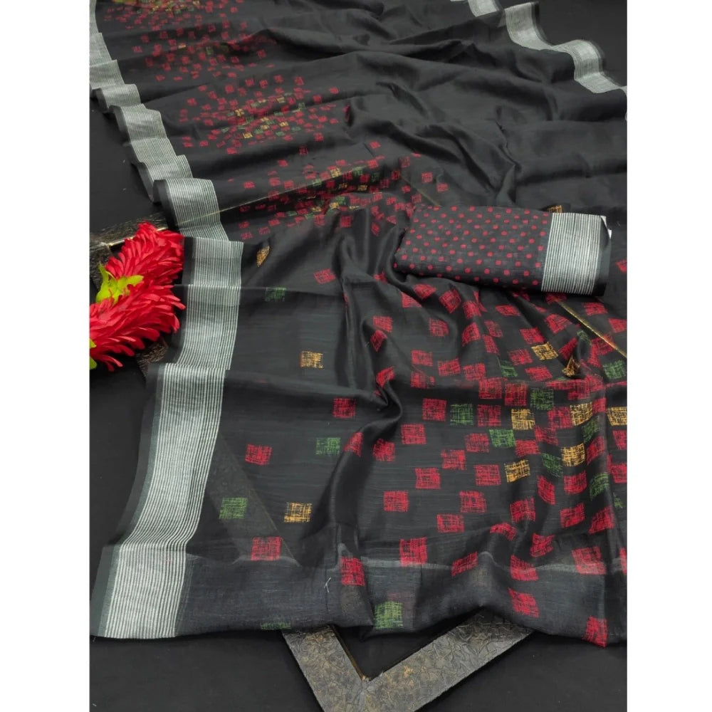 Women's Cotton Linen Digital Print Saree With Unstitched Blouse 5.5Mtr (Black)