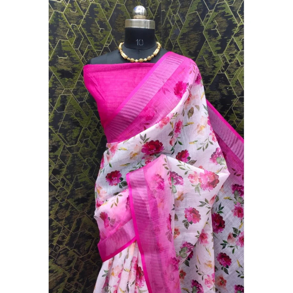 Women's Cotton Linen Woven Design Saree With Unstitched Blouse 5.5Mtr (Pink)