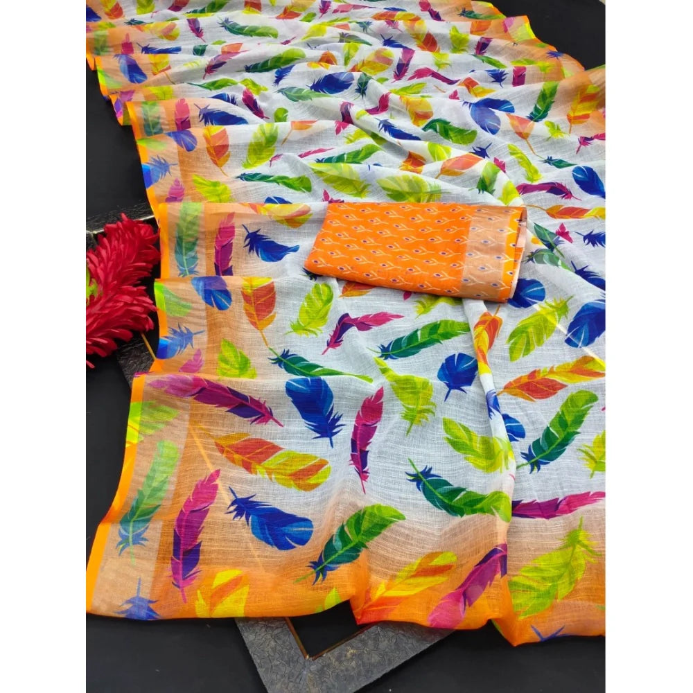 Women's Cotton Linen Woven Design Saree With Unstitched Blouse 5.5Mtr (Orange)