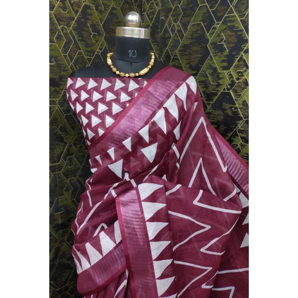 Women's Cotton Linen Woven Design Saree With Unstitched Blouse 5.5Mtr (Maroon)