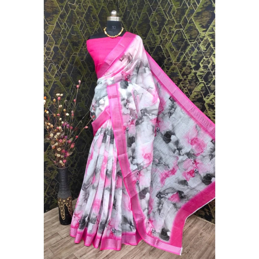 Women's Cotton Linen Woven Design Saree With Unstitched Blouse 5.5Mtr (Pink)