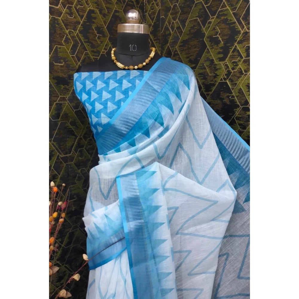 Women's Cotton Linen Woven Design Saree With Unstitched Blouse 5.5Mtr (Sky Blue)