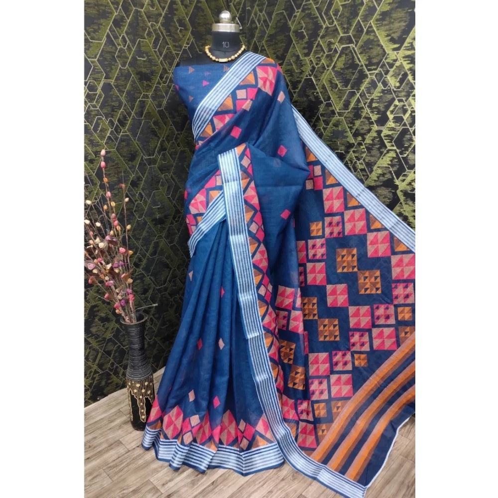 Women's Cotton Linen Digital Print Saree With Unstitched Blouse 5.5Mtr (Blue)