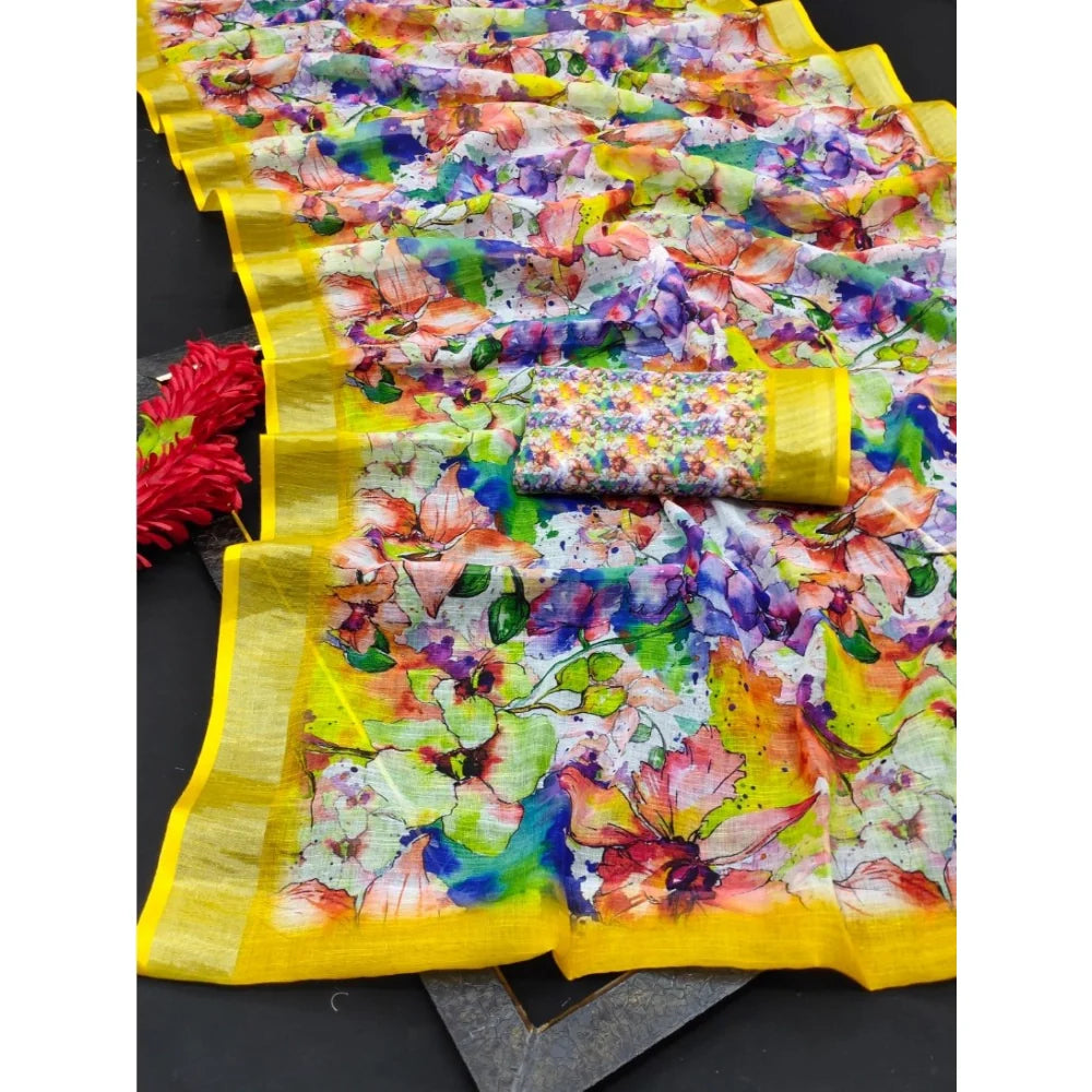 Women's Cotton Linen Printed Saree With Unstitched Blouse 5.5Mtr (Yellow)