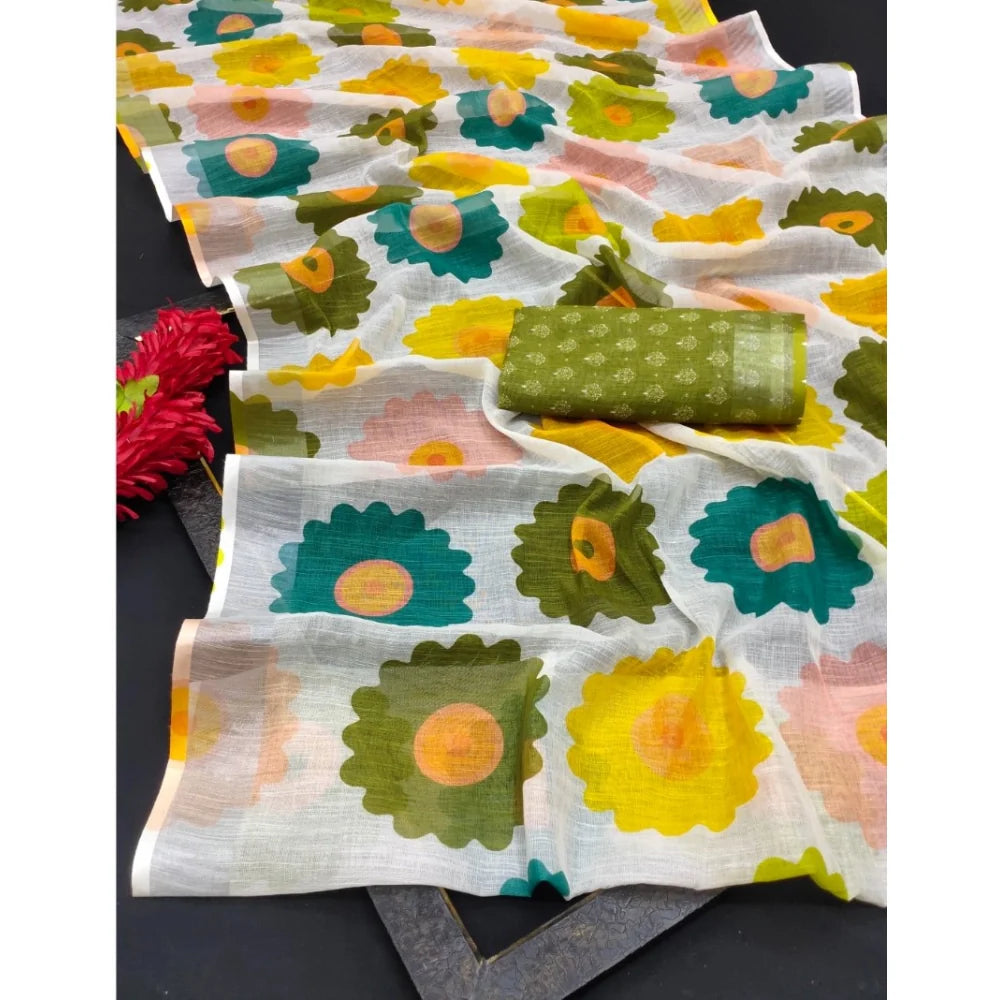 Women's Cotton Linen Woven Design Saree With Unstitched Blouse 5.5Mtr (Green)