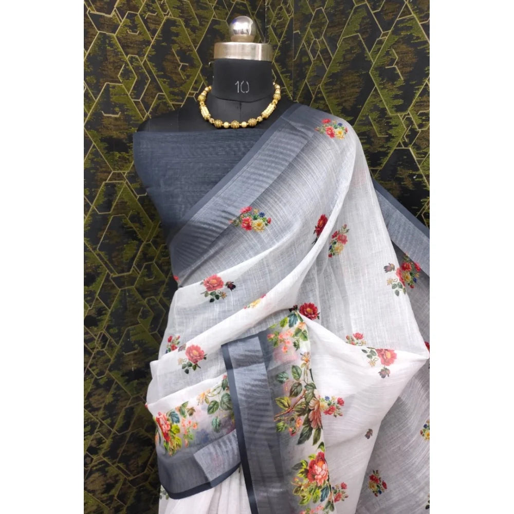 Women's Cotton Linen Woven Design Saree With Unstitched Blouse 5.5Mtr (Black)