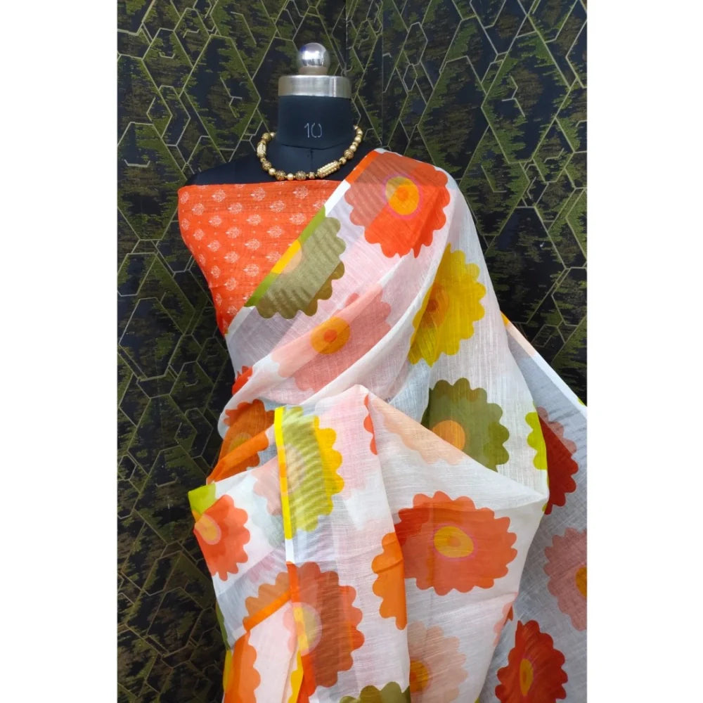 Women's Cotton Linen Woven Design Saree With Unstitched Blouse 5.5Mtr (Orange)