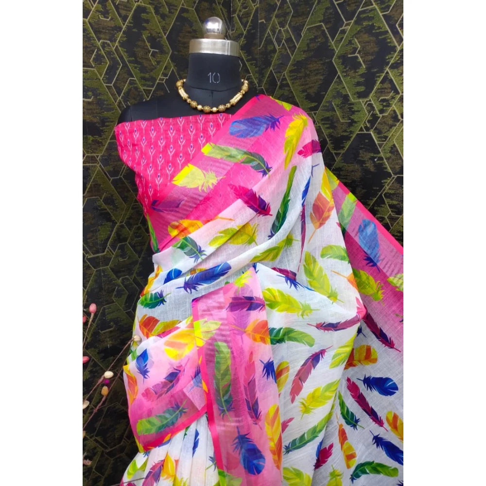 Women's Cotton Linen Woven Design Saree With Unstitched Blouse 5.5Mtr (Pink)