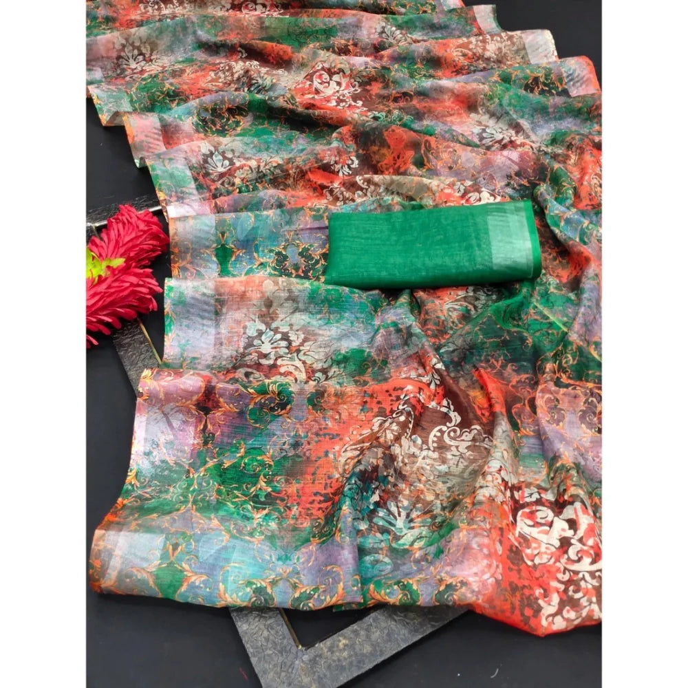 Women's Cotton Linen Woven Design Saree With Unstitched Blouse 5.5Mtr (Green)