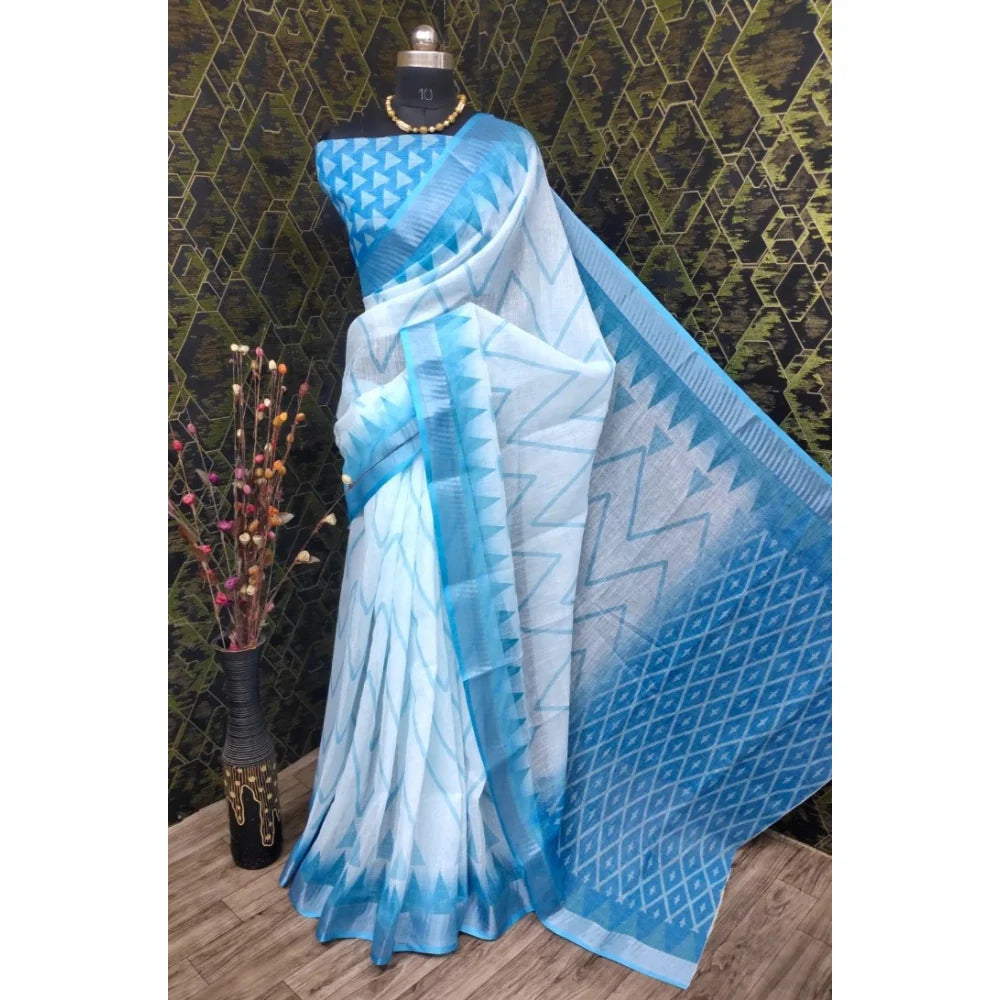Women's Cotton Linen Woven Design Saree With Unstitched Blouse 5.5Mtr (Sky Blue)