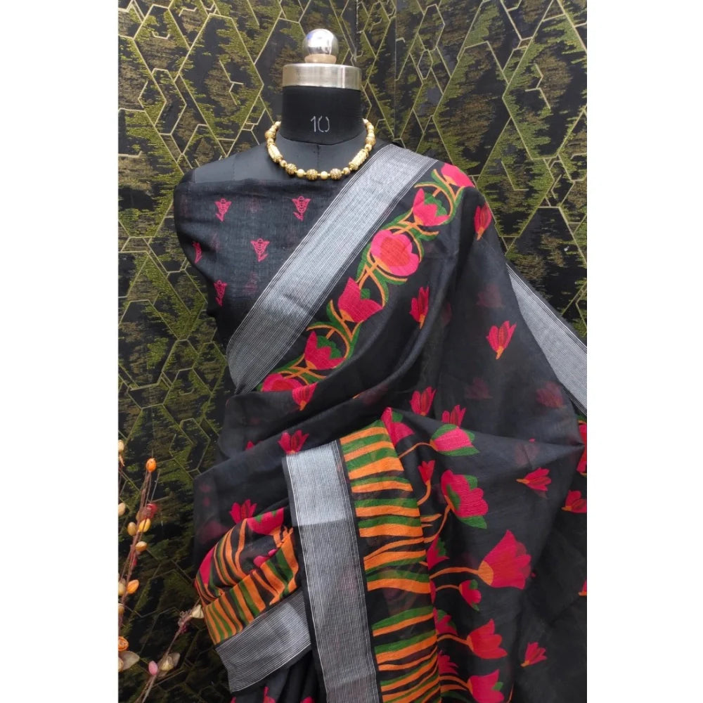 Women's Cotton Linen Digital Print Saree With Unstitched Blouse 5.5Mtr (Black)
