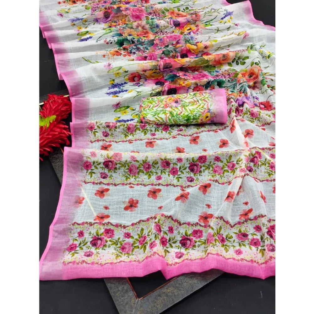 Women's Cotton Linen Printed Saree With Unstitched Blouse 5.5Mtr (Pink)