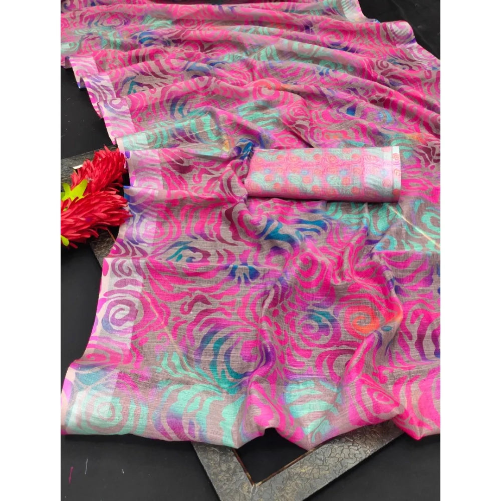 Women's Cotton Linen Woven Design Saree With Unstitched Blouse 5.5Mtr (Pink)