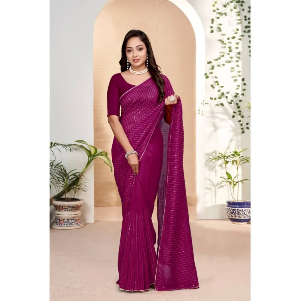 Women's Vichitra Silk Striped Saree With Unstitched Blouse 5.5Mtr (Purple)