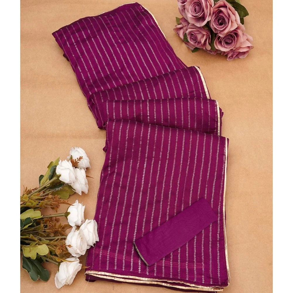 Women's Vichitra Silk Striped Saree With Unstitched Blouse 5.5Mtr (Purple)
