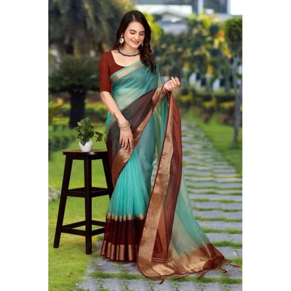 Women's Khadi Cotton  Solid Saree With Unstitched Blouse 5.5Mtr (Sky Blue)
