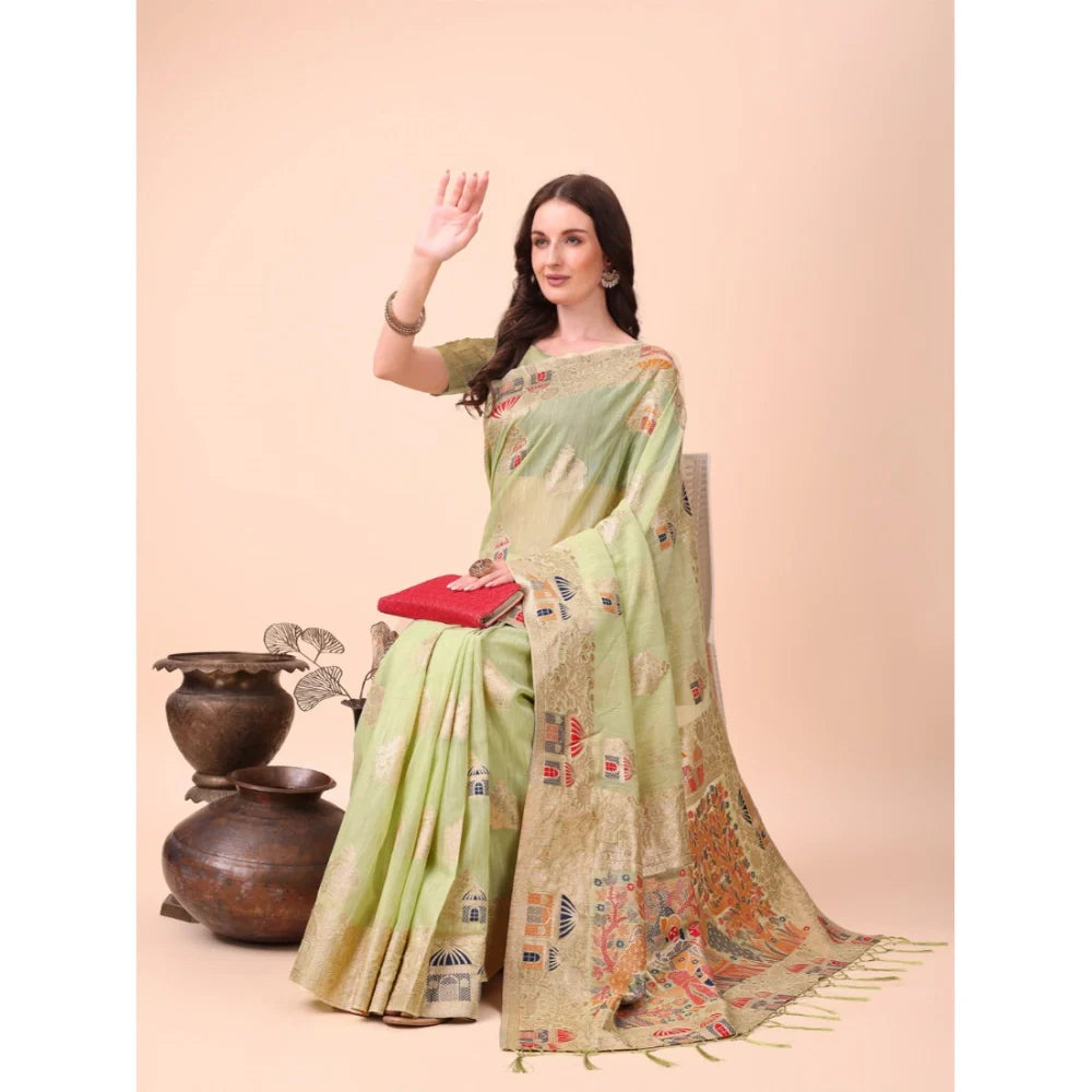 Women's Linen Cotton Printed Saree With Unstitched Blouse 5.5Mtr (Light Green)