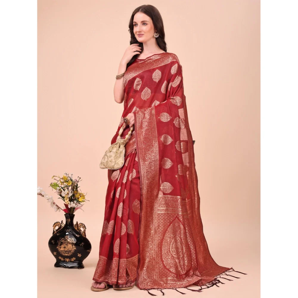 Women's Cotton Printed Saree With Unstitched Blouse 5.5Mtr (Maroon)