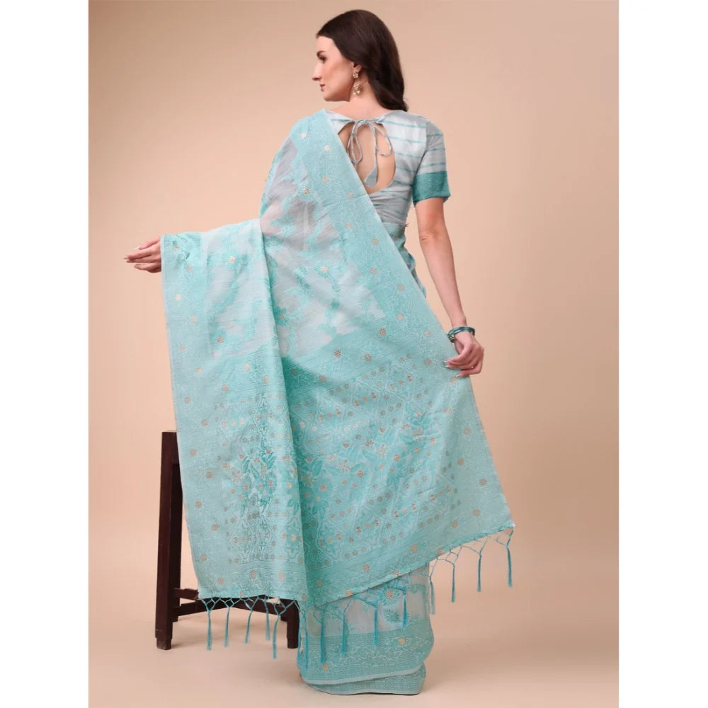Women's Cotton Printed Saree With Unstitched Blouse 5.5Mtr (Sky Blue)