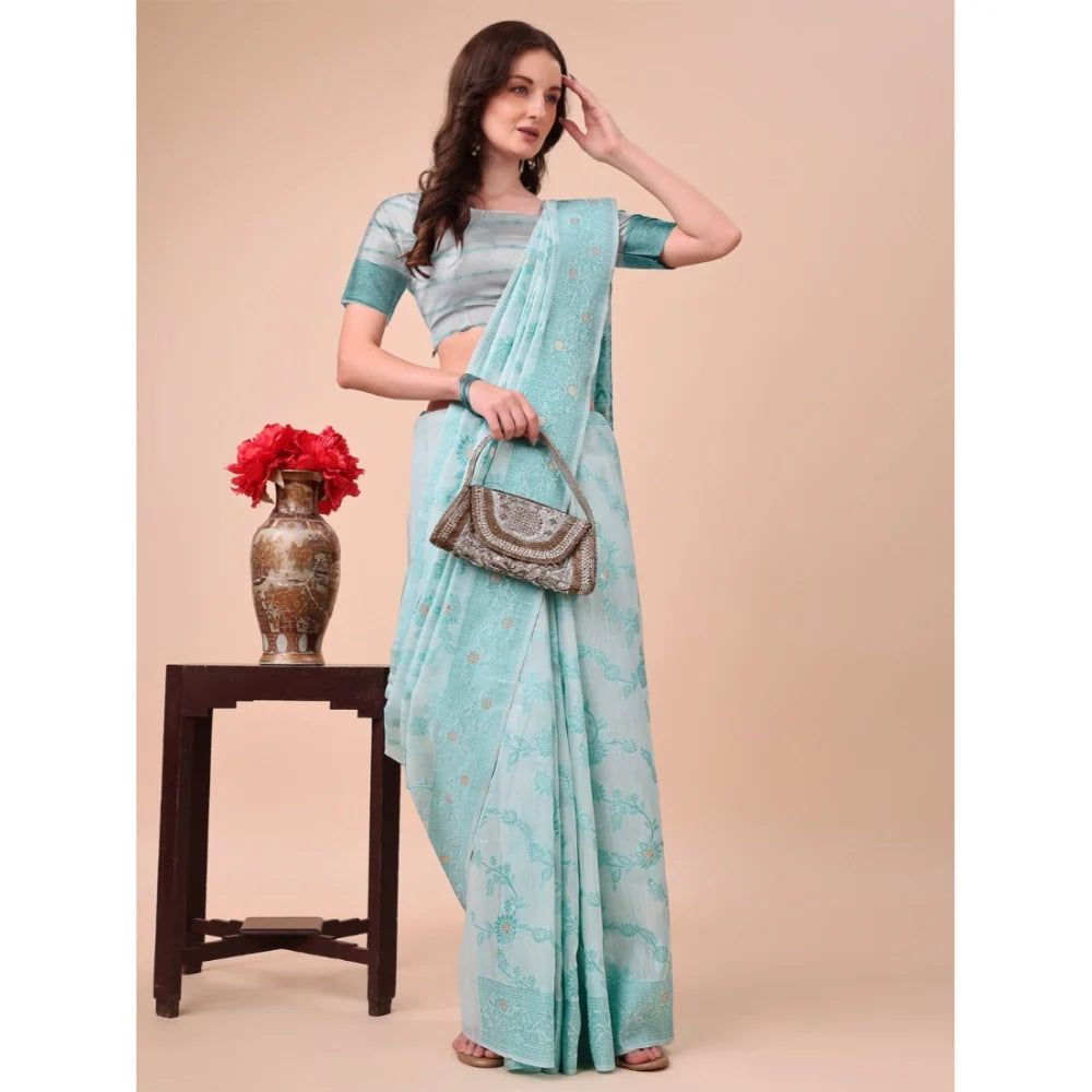 Women's Cotton Printed Saree With Unstitched Blouse 5.5Mtr (Sky Blue)