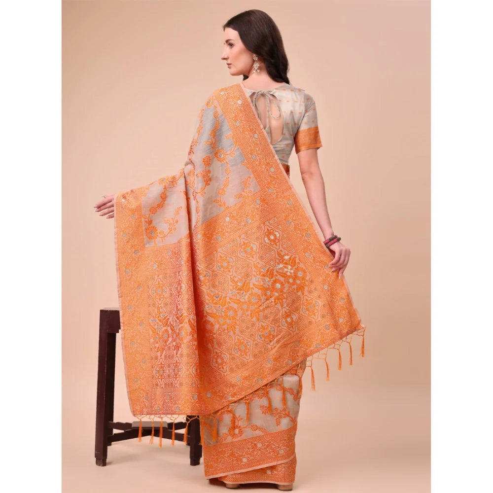 Women's Cotton Printed Saree With Unstitched Blouse 5.5Mtr (Orange)