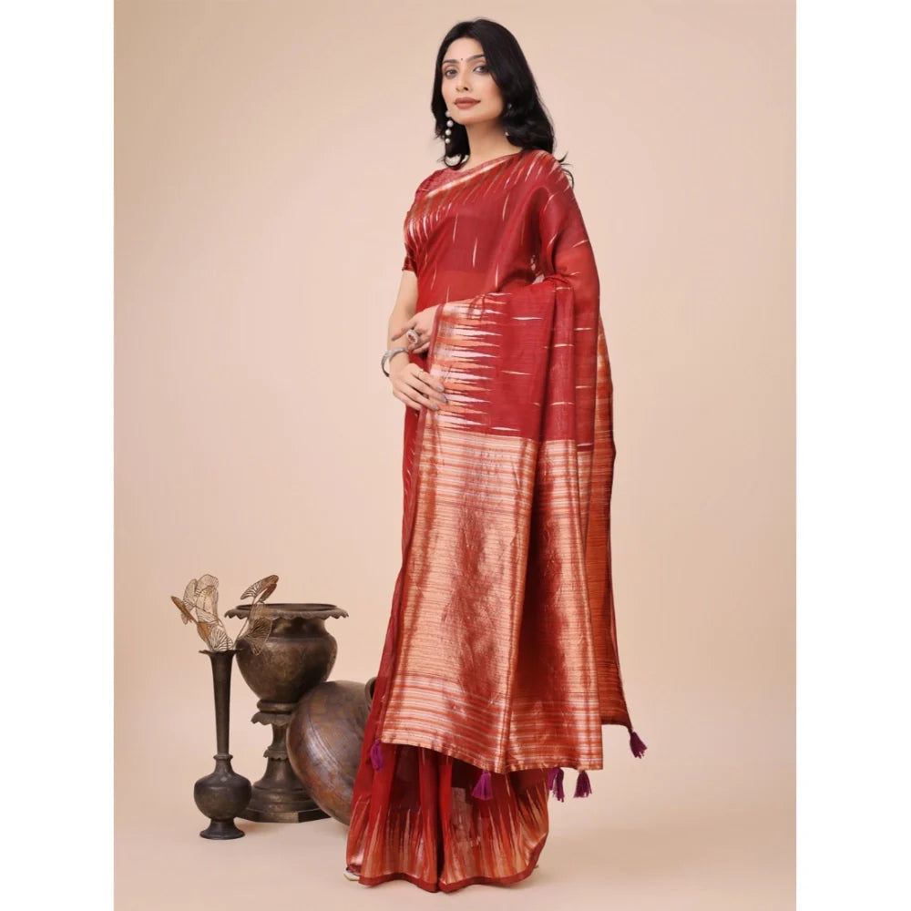 Women's Linen Cotton Printed Saree With Unstitched Blouse 5.5Mtr (Red)