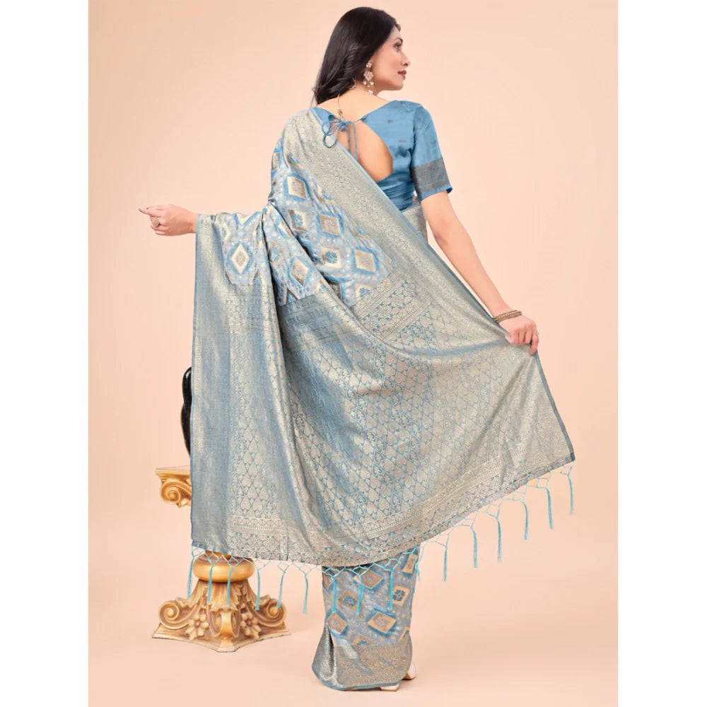 Women's Cotton Printed Saree With Unstitched Blouse 5.5Mtr (Sky Blue)