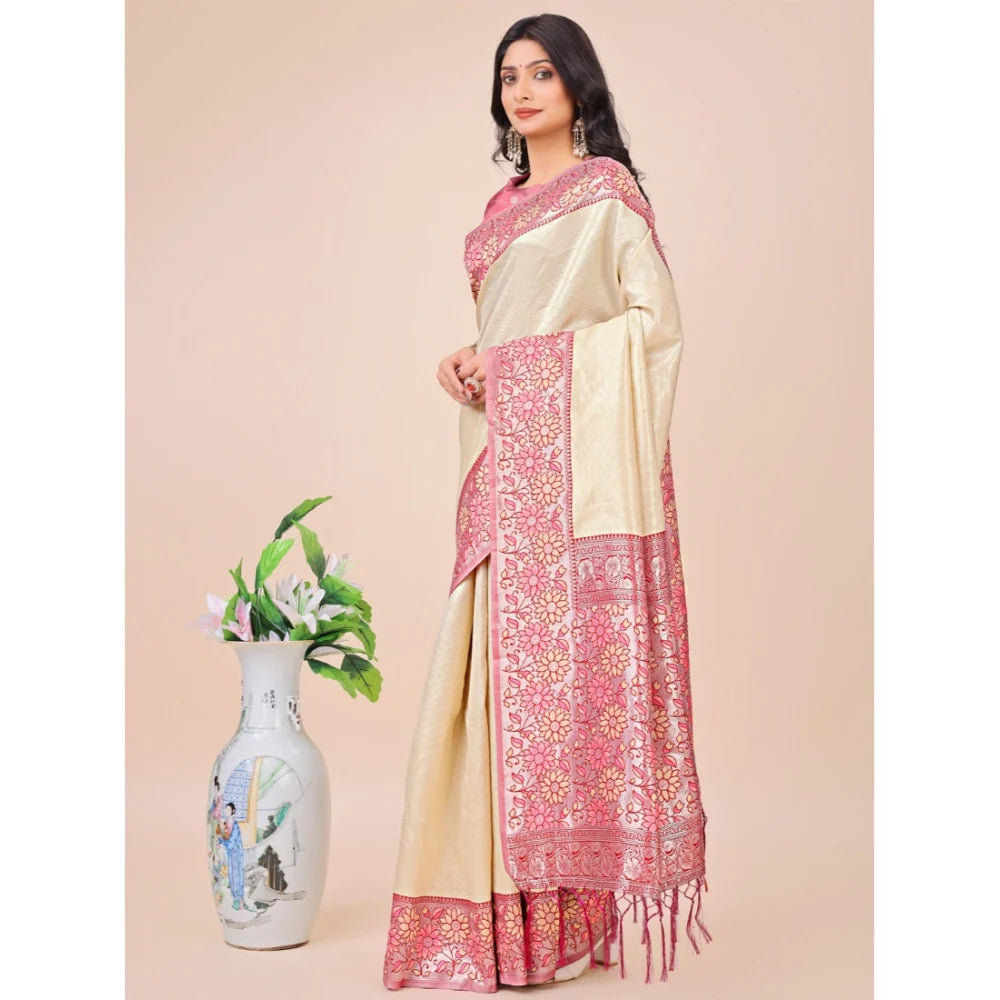 Women's Lichi Silk Printed Saree With Unstitched Blouse 5.5Mtr (Cream)