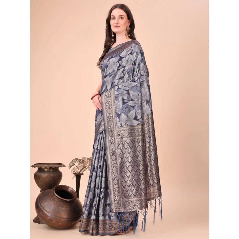 Women's Cotton Printed Saree With Unstitched Blouse 5.5Mtr (Navy Blue)