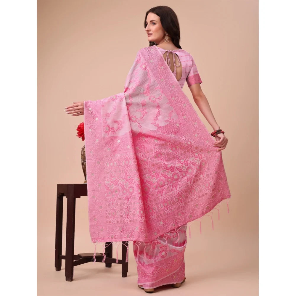 Women's Cotton Printed Saree With Unstitched Blouse 5.5Mtr (Pink)