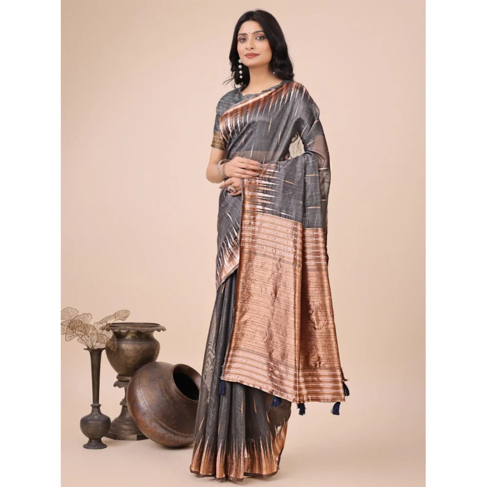 Women's Linen Cotton Printed Saree With Unstitched Blouse 5.5Mtr (Grey)