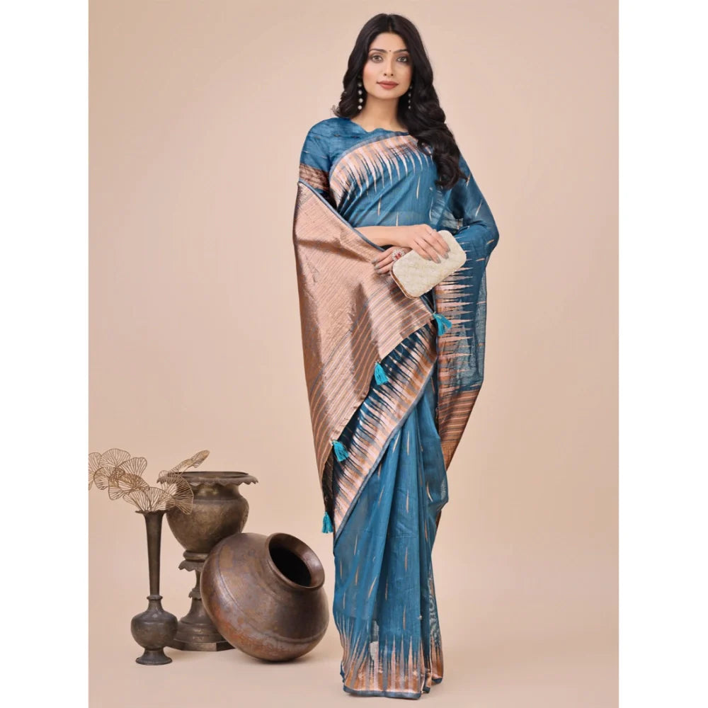 Women's Linen Cotton Printed Saree With Unstitched Blouse 5.5Mtr (Blue)