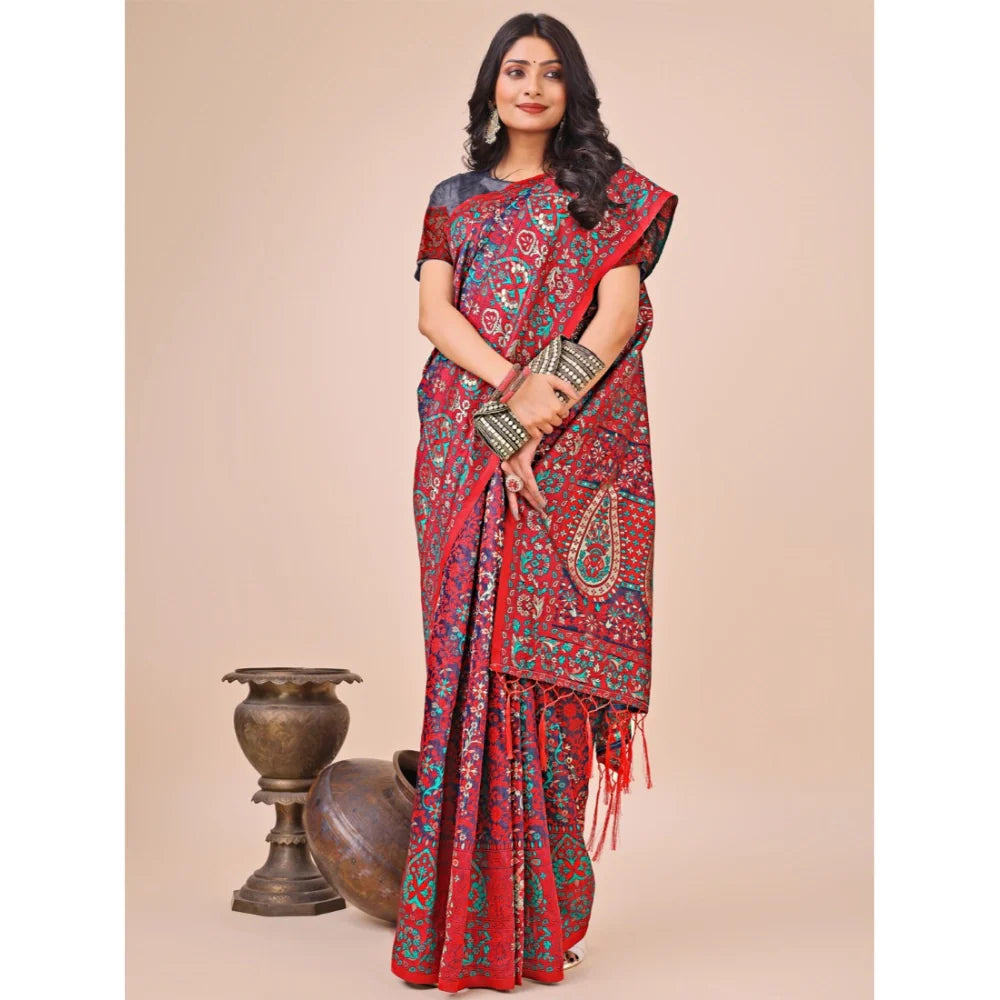 Women's Cotton Printed Saree With Unstitched Blouse 5.5Mtr (Red)