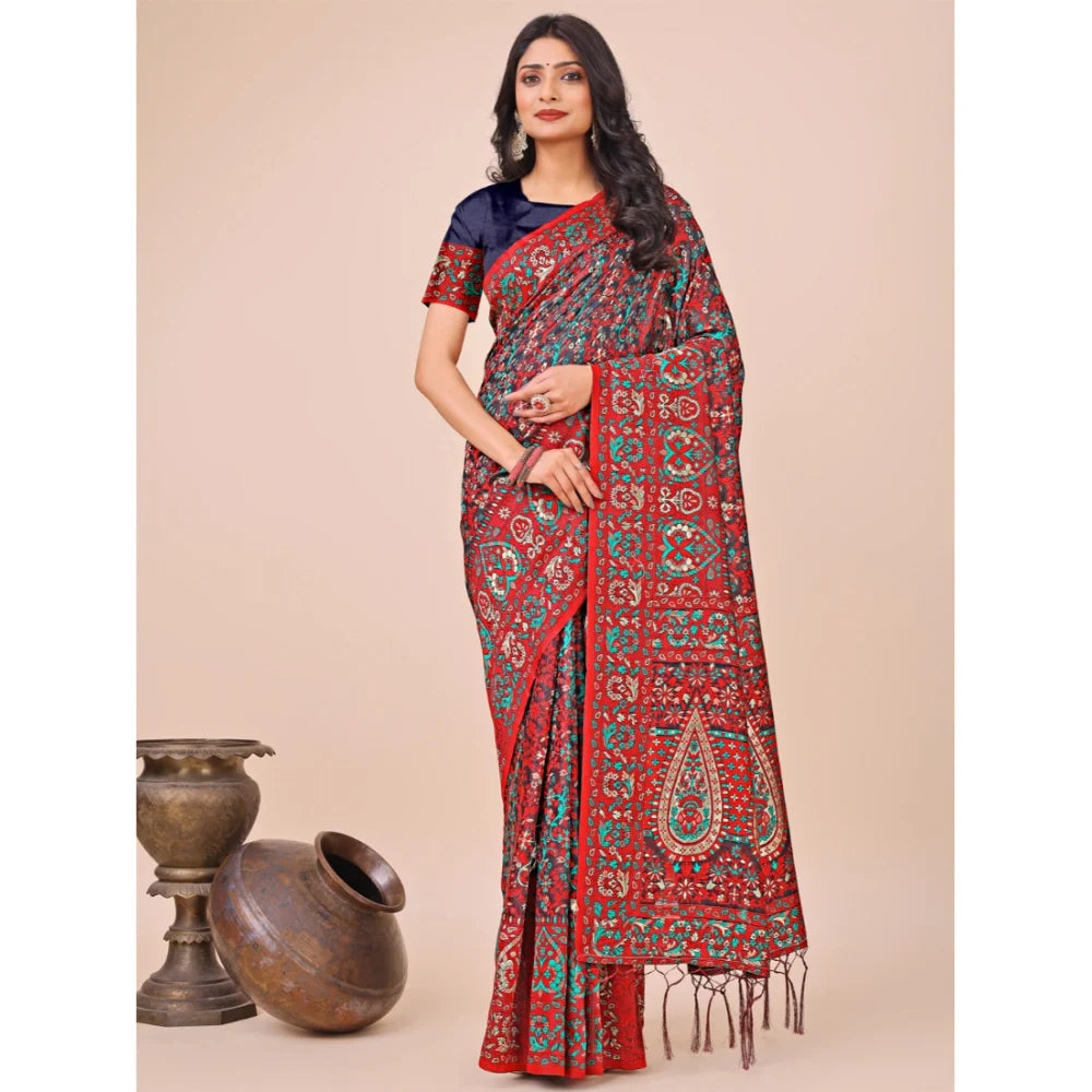 Women's Cotton Printed Saree With Unstitched Blouse 5.5Mtr (Red)
