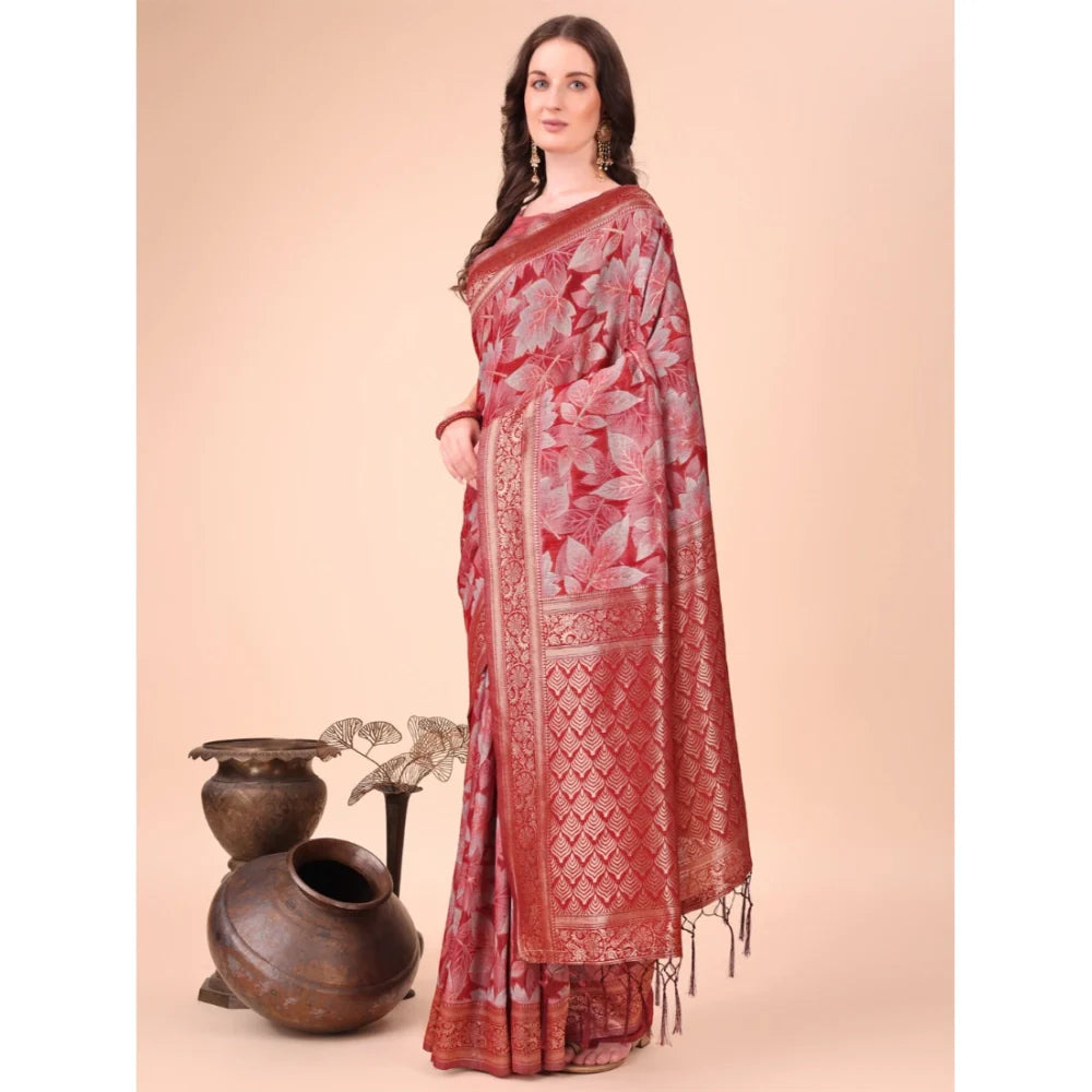 Women's Cotton Printed Saree With Unstitched Blouse 5.5Mtr (Red)