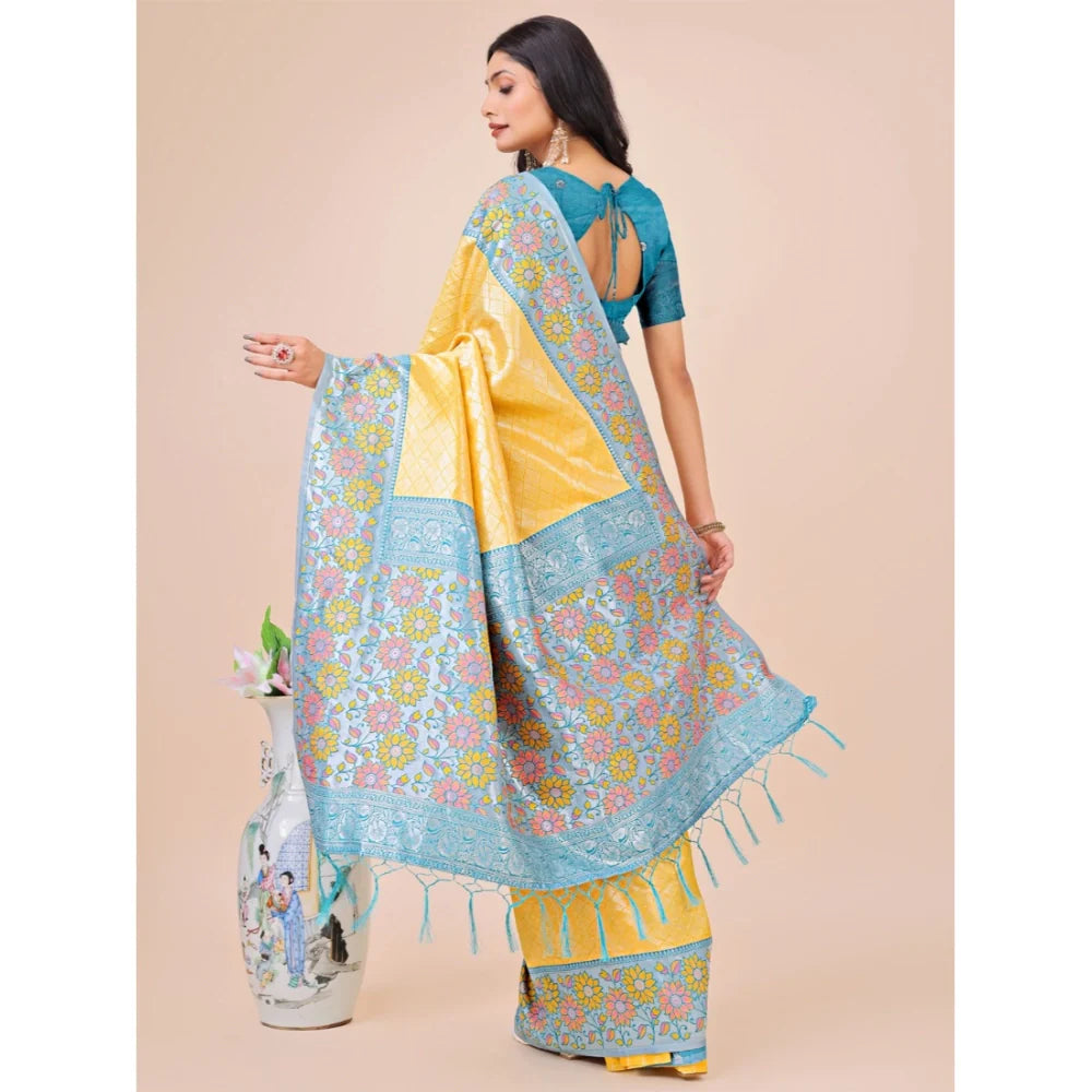 Women's Lichi Silk Printed Saree With Unstitched Blouse 5.5Mtr (Yellow)