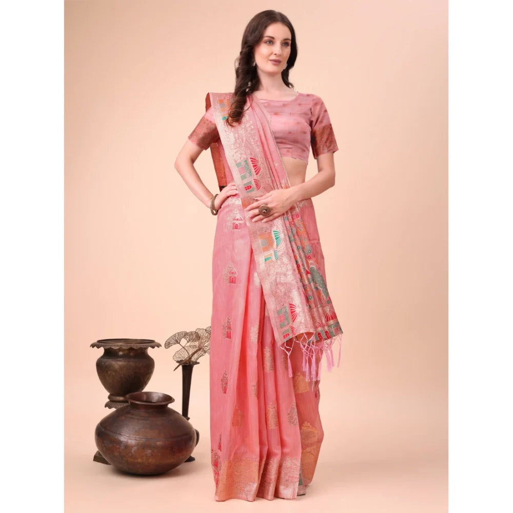 Women's Linen Cotton Printed Saree With Unstitched Blouse 5.5Mtr (Pink)