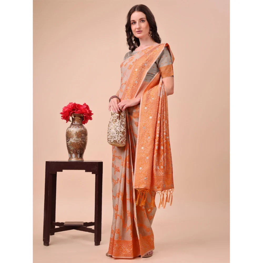 Women's Cotton Printed Saree With Unstitched Blouse 5.5Mtr (Orange)